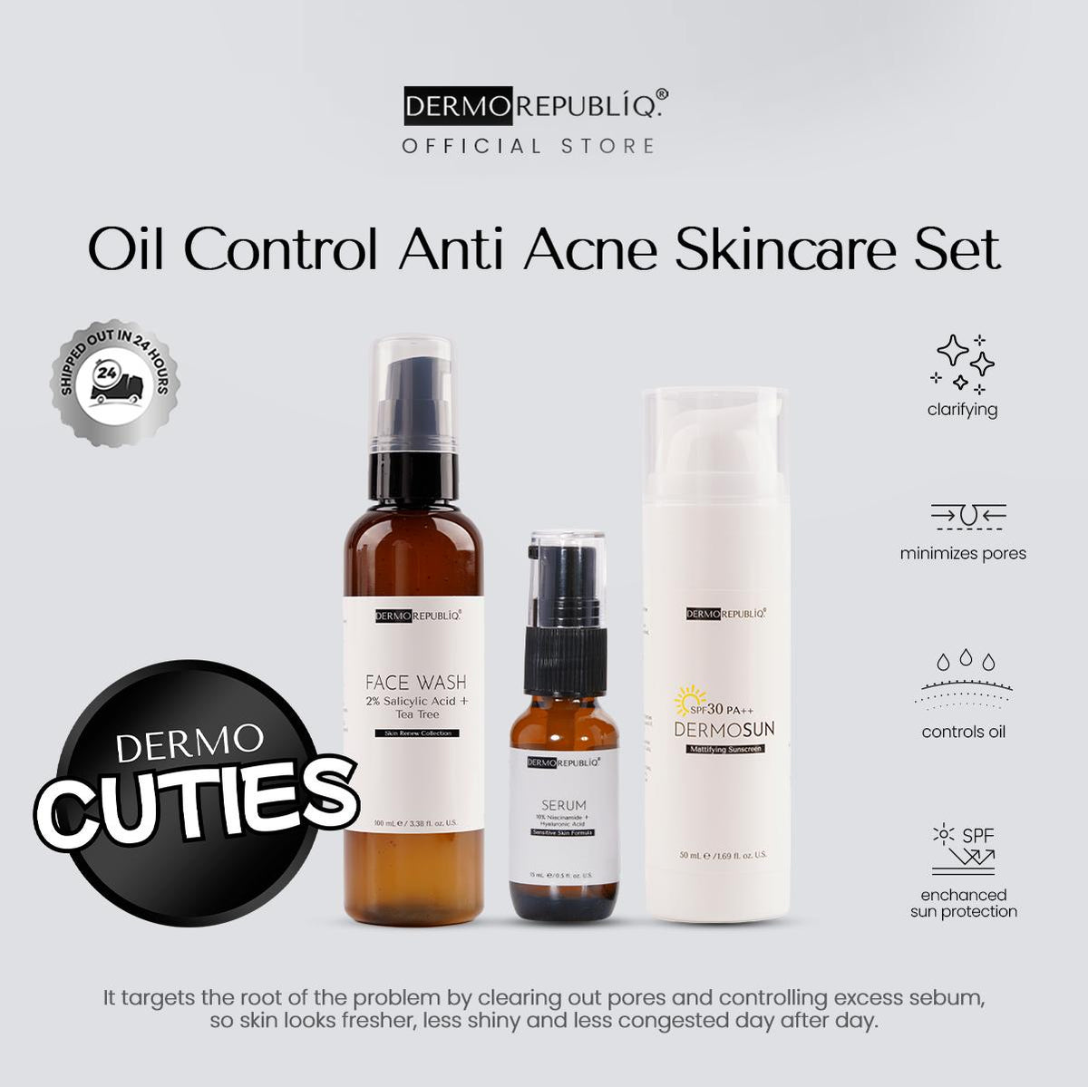 Dermorepubliq Oil Control Anti Acne Set 3pcs Original (Face Wash + Serum + Sunscreen) Salicylic Face Wash Salicylic Acid