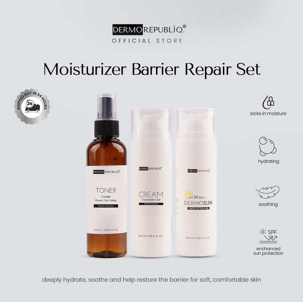 Dermorepubliq Moisturizer Barrier Set 3pcs Original (Toner + Cream + Sunscreen) B5 Ceramide Toner + B5 Ceramide