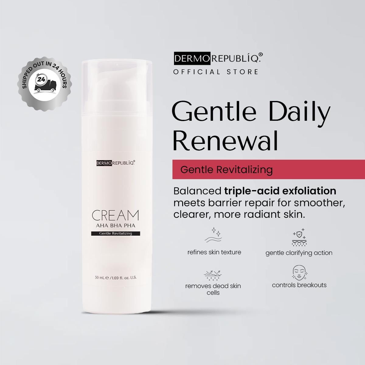 Dermorepubliq AHA BHA PHA Gentle Revitalizing Cream 50ml | AHA + BHA + PHA | Exfoliating Cream | Skin Texture Smoothing