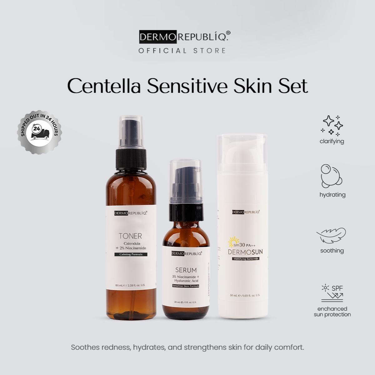 Dermorepubliq Centella Sensitive Skin Set 3pcs Original (Toner + Serum + Sunscreen) Centella + 5% Niacinamide Calming
