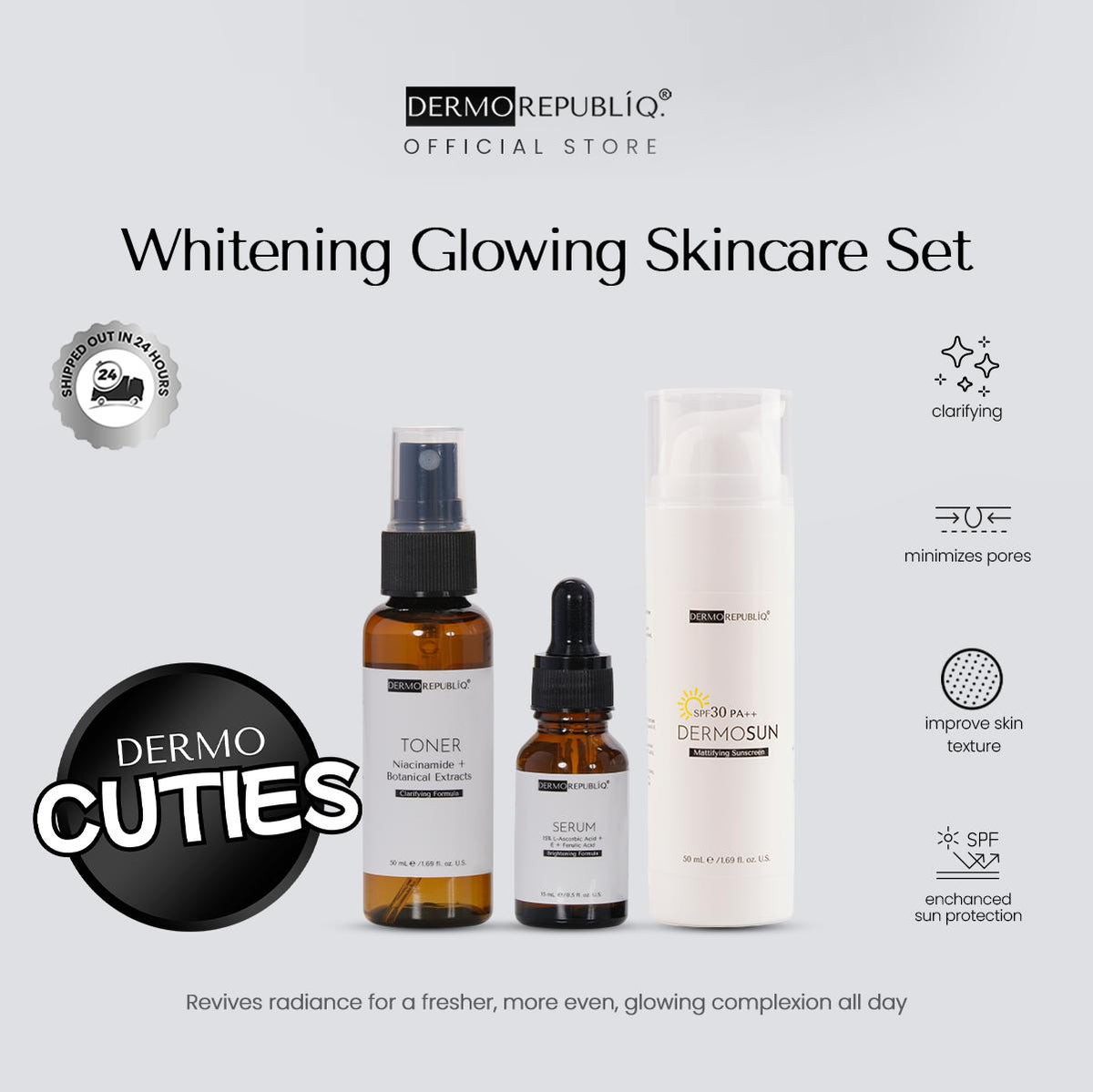 Dermorepubliq Whitening Glowing Set 3pcs Original (Face Wash + Serum + Sunscreen) Face Wash + Vitamin C Glass Skin