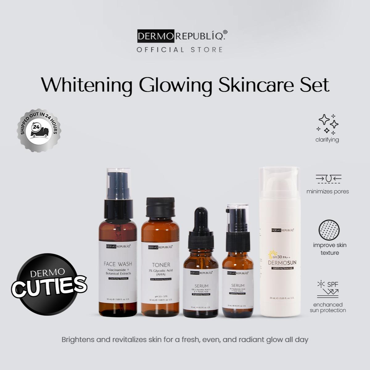 Dermorepubliq Whitening Glowing Set 5pcs Original (Face Wash + Toner + Serum x2 + Sunscreen) Face Wash Glass Skin