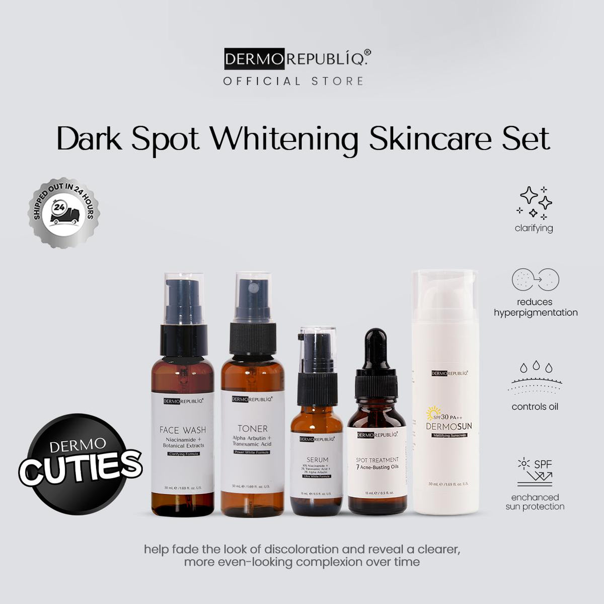Dermorepubliq Dark Spot Whitening Set 5pcs Original (Face Wash + Toner + Serum x2 + Sunscreen) Face Wash Acne Marks